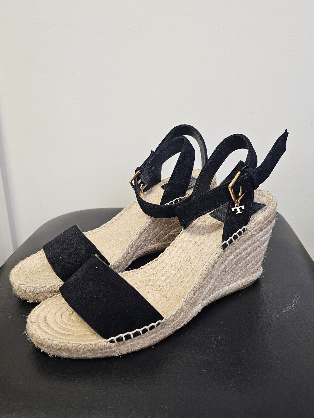 Tory Burch Laurel Wedge Espadrilles Black Suede Size 8.5